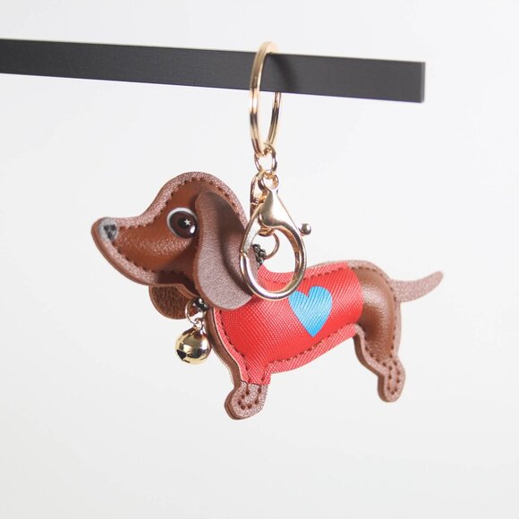 NWT 3D Vegan Leather Dachshund Dog Keychain & Bag Charm | Brown & Red - Picture 4 of 6